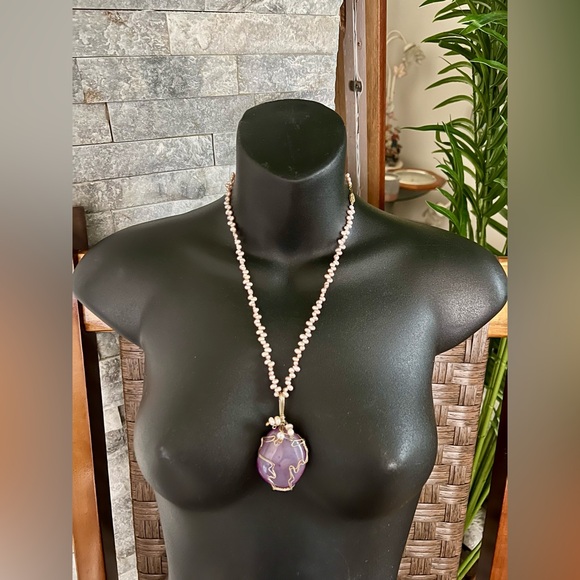 Handmade Purple Quartz Pendant Necklace Multi‑Strand Pink Freshwater Pearls
